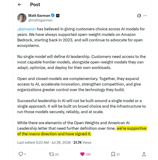 Amazon Signs Open-Weight Letter, Has Invested $13 Billion in Anthropic