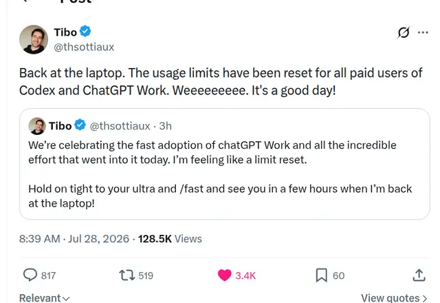 Codex and ChatGPT Paid Users' Usage Reset